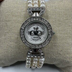 Rovada Claddagh Watch Women Silver Tone Faux Pearl Band Rhinestones New Battery
